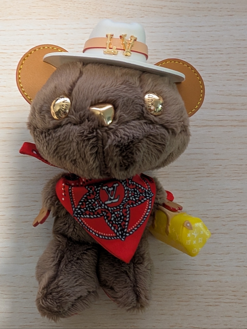 Brown Plush Bear with Red Bandana and Yellow Bag